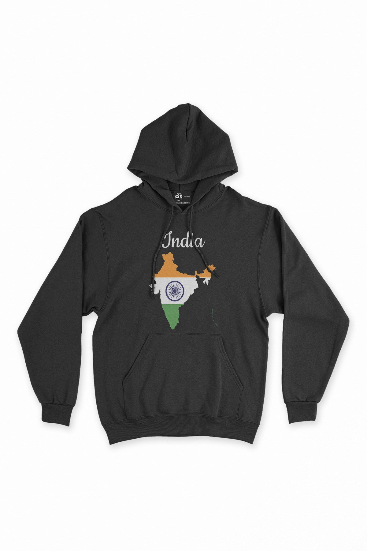 Hinditan Haritalı ve Bayraklı Siyah Kapşonlu Sweatshirt Hoodie
