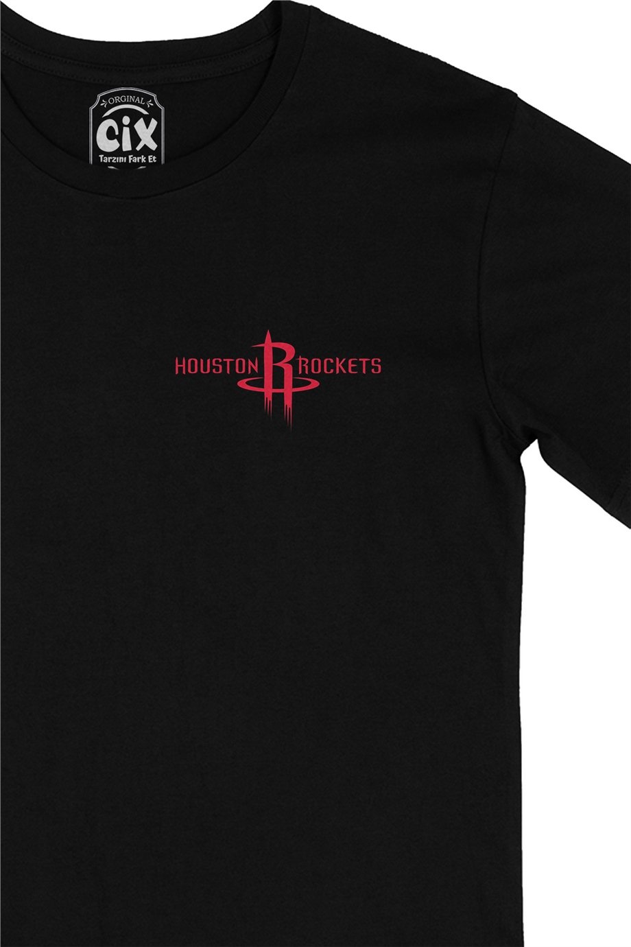 Houston Rockets Logolu Cep Logo Tasarımlı Siyah Tişört