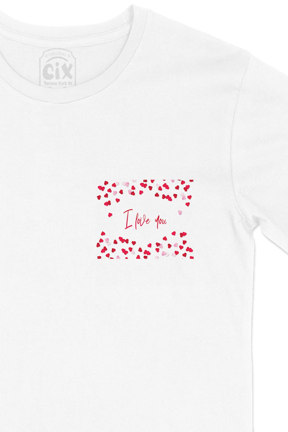 I Love You Kalpli Cep Logo Tasarımlı Beyaz Tişört