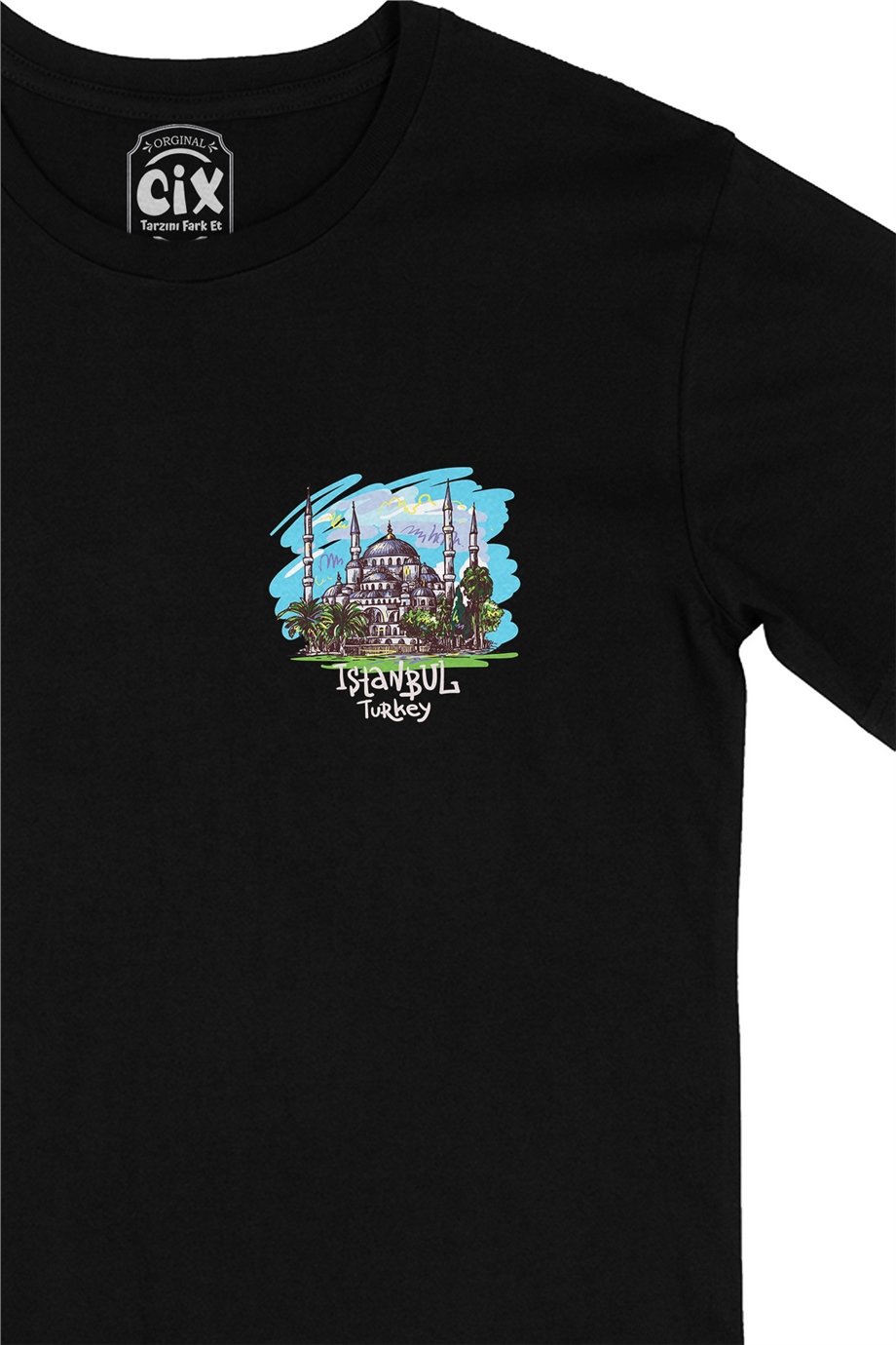 İstanbul Ayasofya Cep Logo Tasarımlı Siyah Tişört