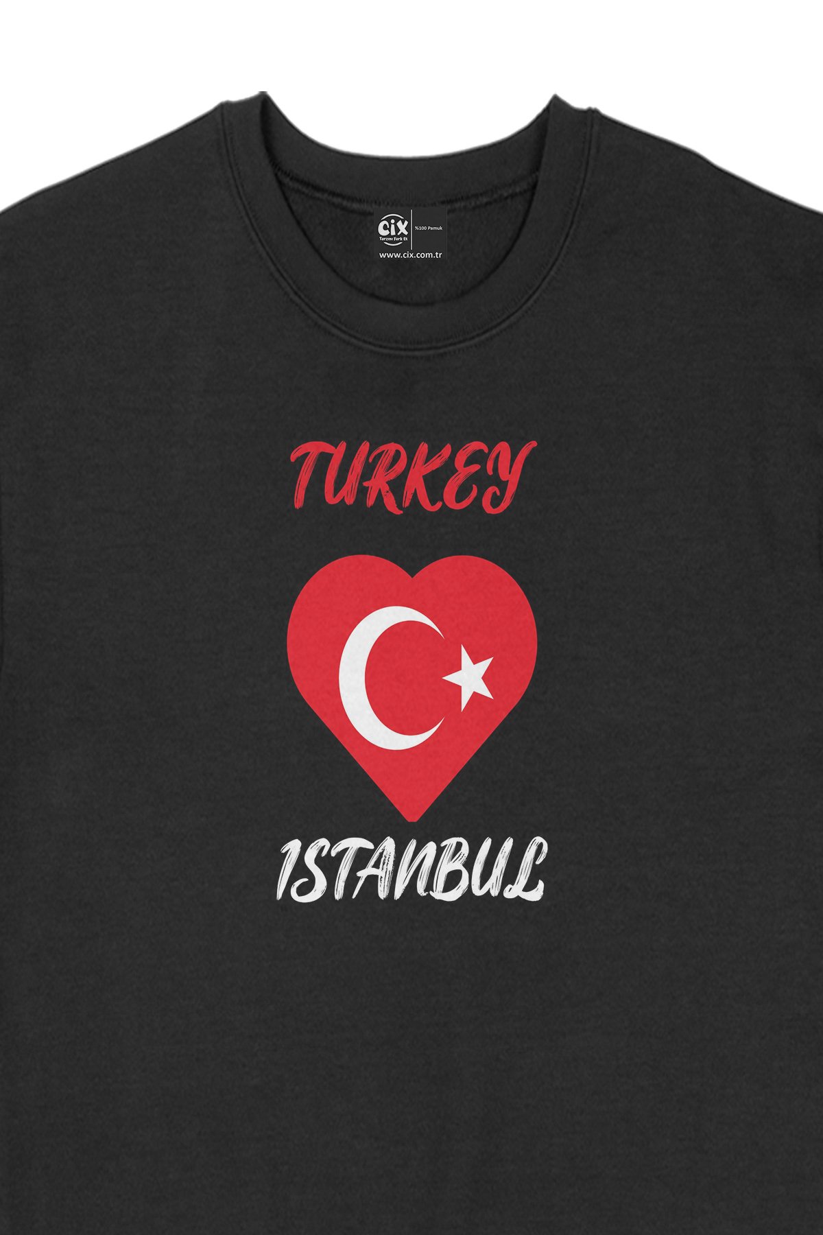 İstanbul Türkiye Bayraklı Kalpli Siyah Sweatshirt