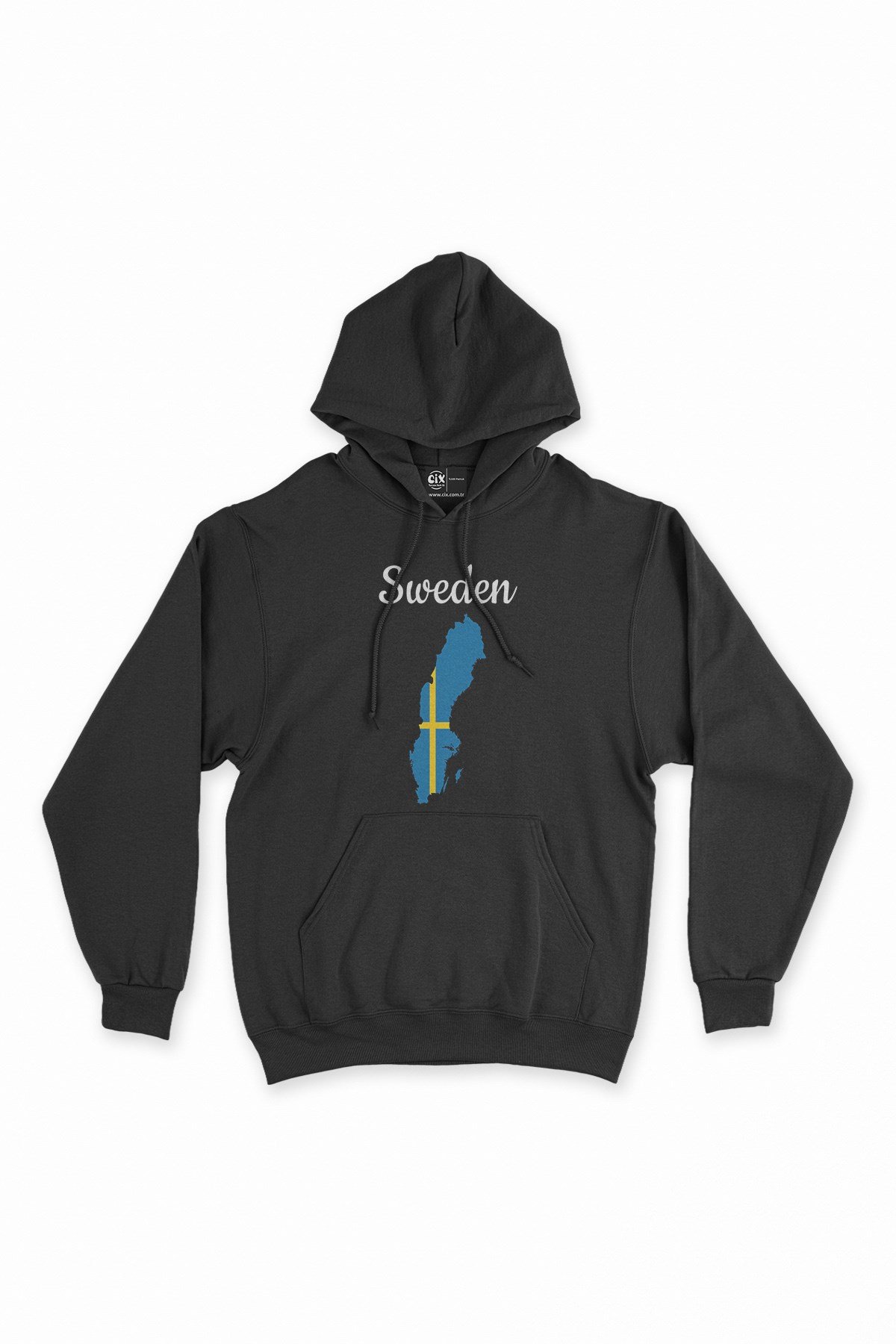 İsveç Haritalı ve Bayraklı Siyah Kapşonlu Sweatshirt Hoodie
