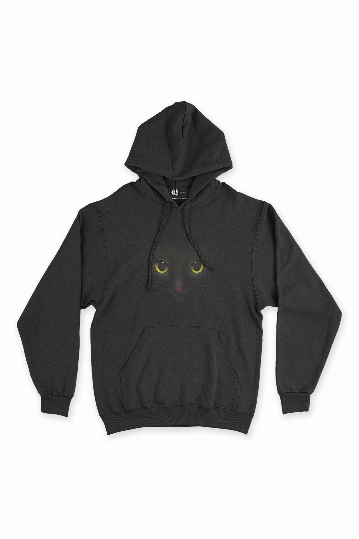 Kedi Tasarımlı Siyah Kapşonlu Sweatshirt Hoodie