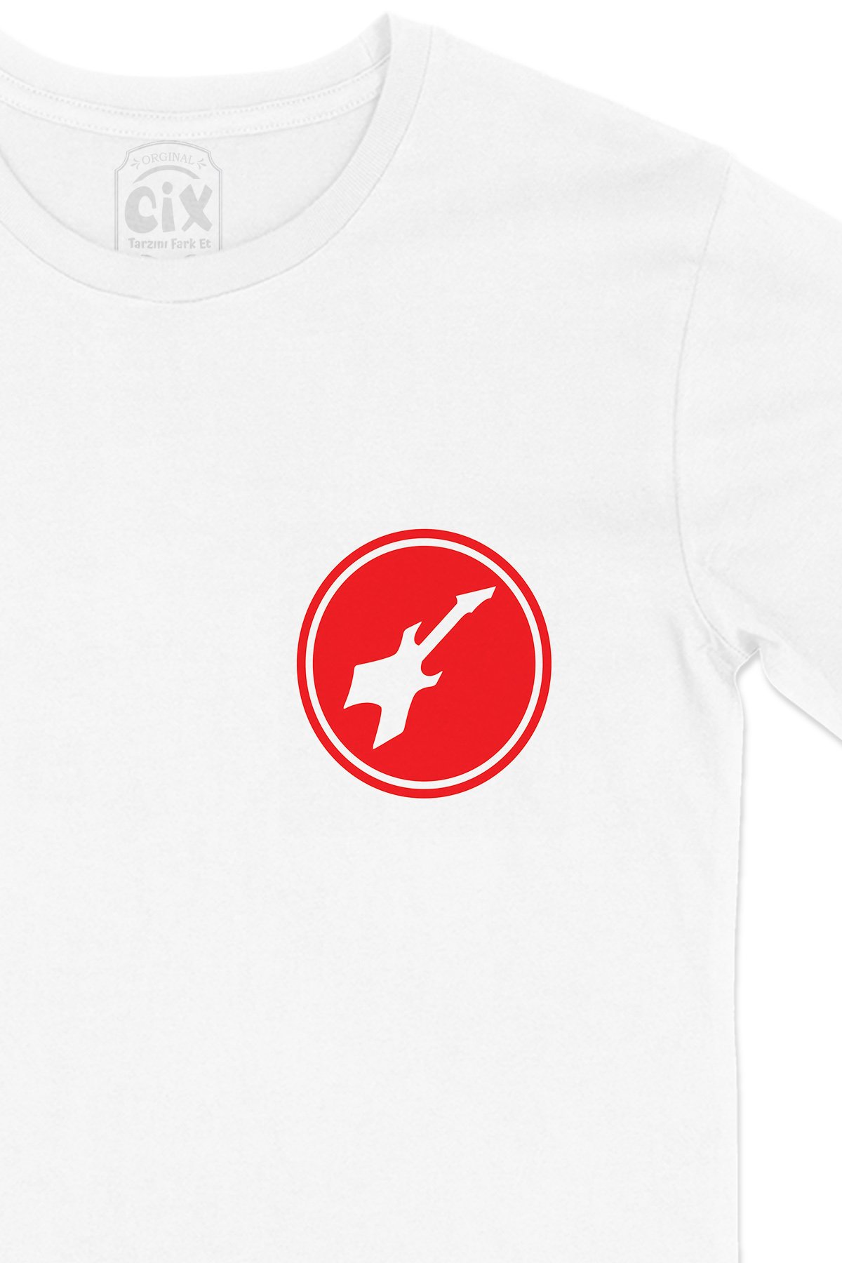 Kırmızı Bass Gitar Cep Logo Tasarımlı Beyaz Tişört