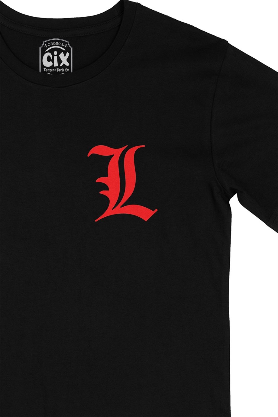 Kırmızı Death Note L Logolu Cep Logo Tasarımlı Siyah Tişört