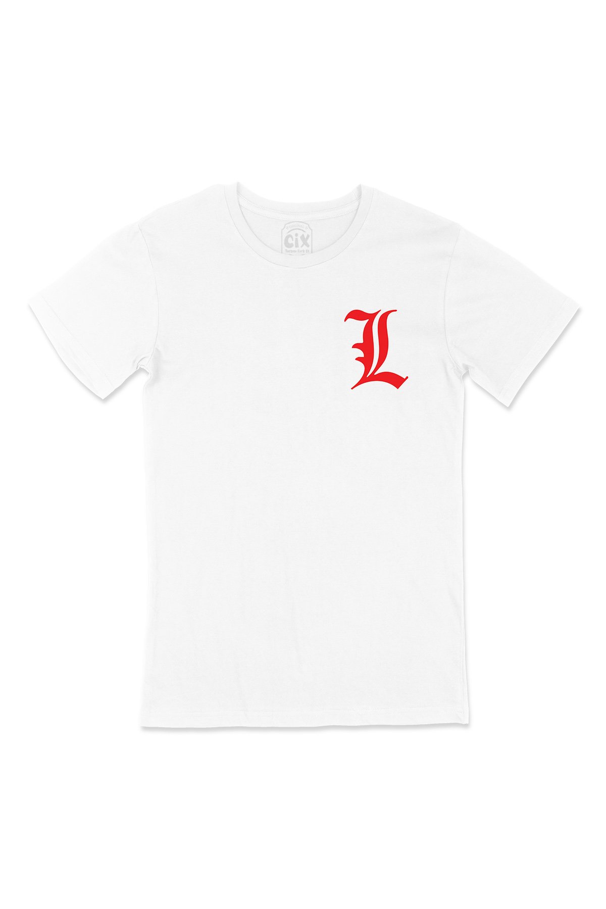 Kırmızı Death Note L Logolu Cep Logo Tasarımlı Beyaz Tişört