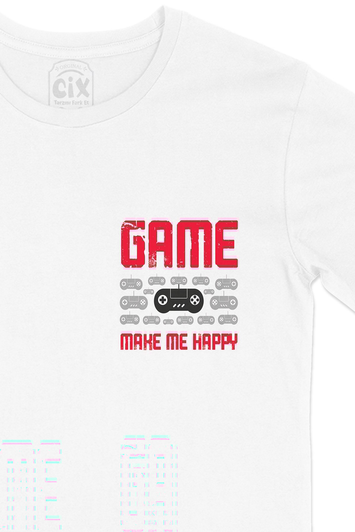 Kırmızı Game Make Me Happy Cep Logo Tasarımlı Beyaz Tişört