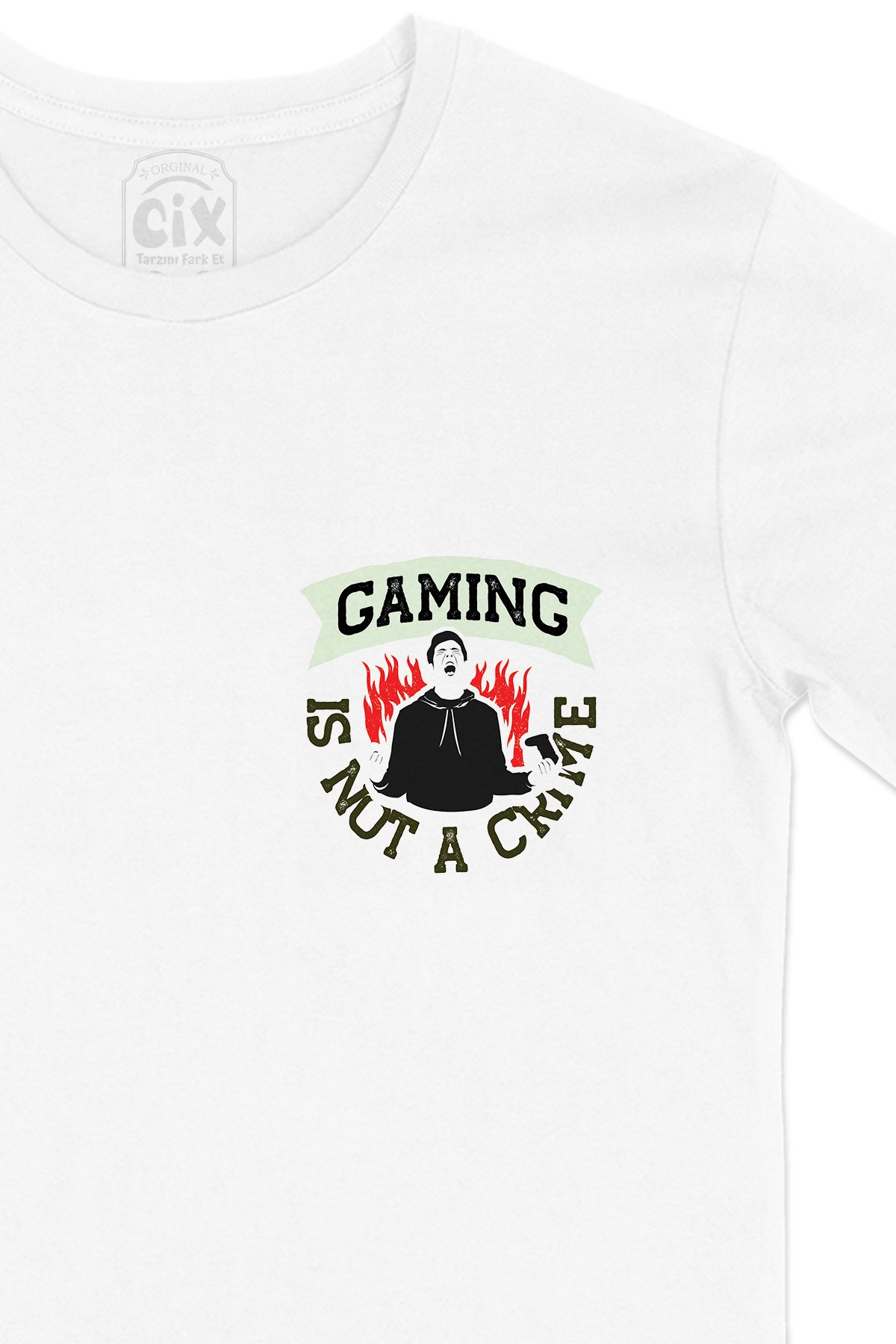 Kırmızı Gaming Is Not A Crime Cep Logo Tasarımlı Beyaz Tişört
