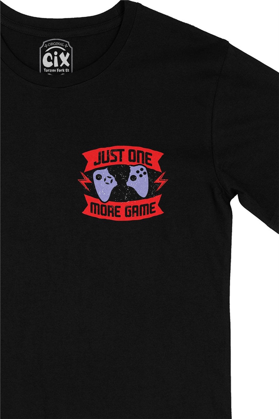 Kırmızı Just One More Game Cep Logo Tasarımlı Siyah Tişört