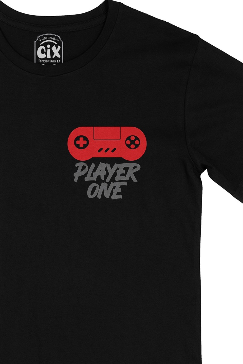 Kırmızı Player One  Cep Logo Tasarımlı Siyah Tişört