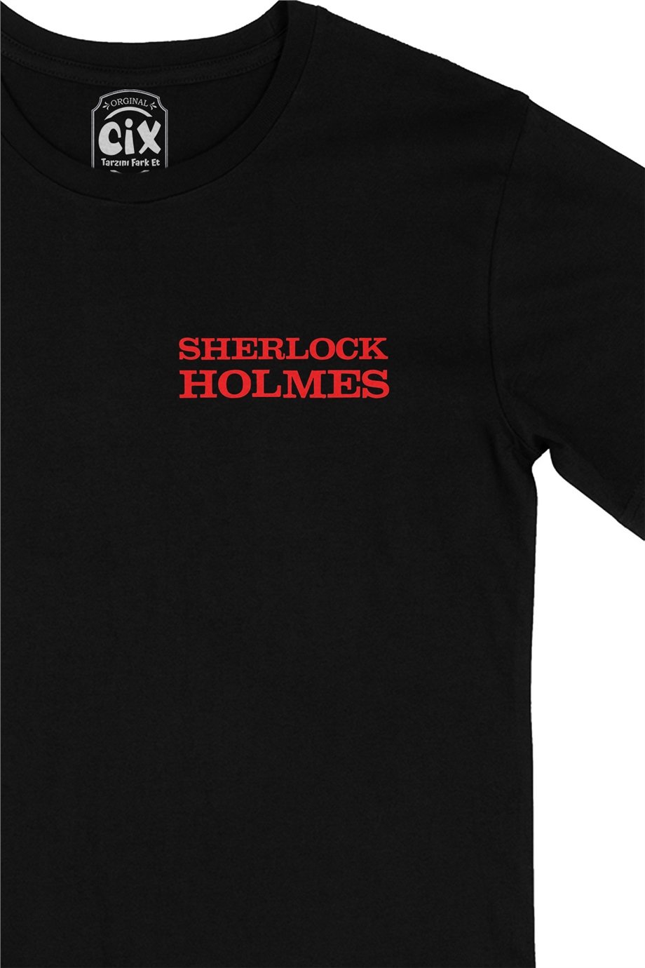 Kırmızı Sherlock Holmes Cep Logo Tasarımlı Siyah Tişört