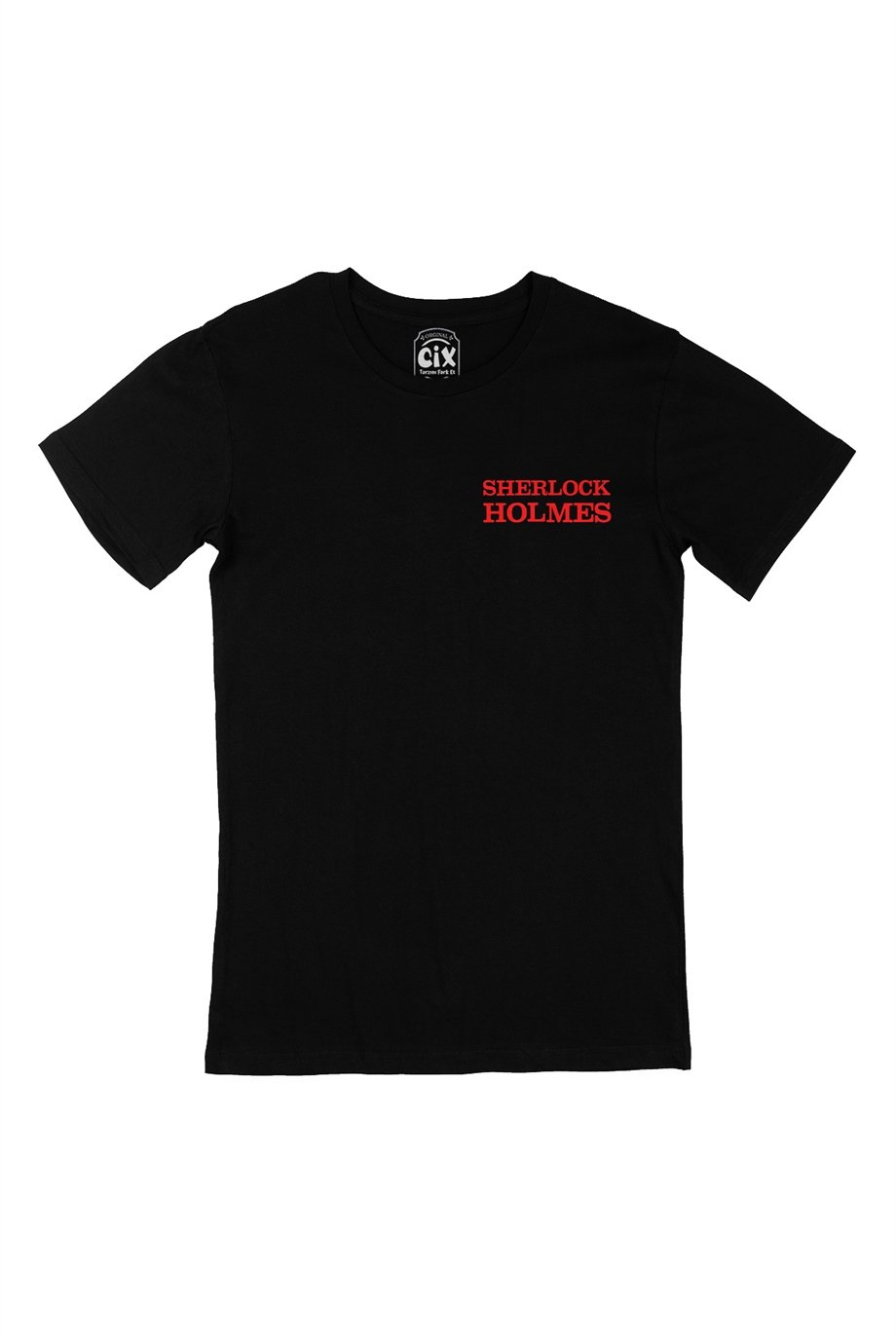 Kırmızı Sherlock Holmes Cep Logo Tasarımlı Siyah Tişört