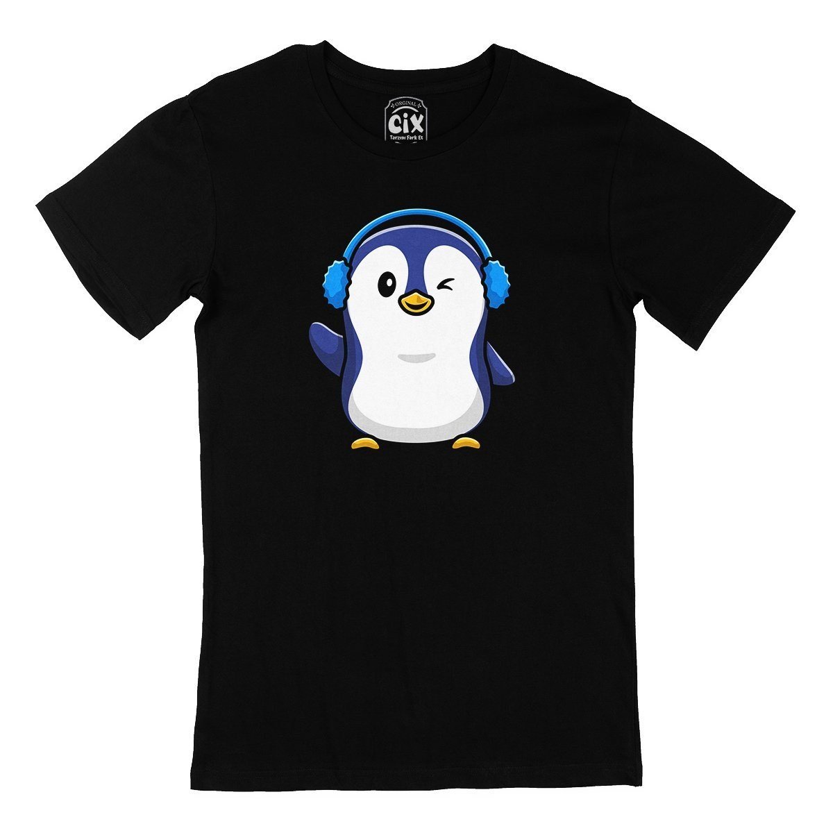 Kulaklıklı Penguen Siyah Tişört