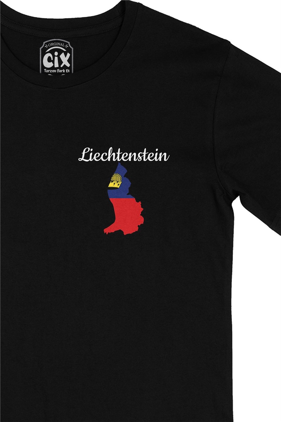 Lihtenştayn Haritalı ve Bayraklı Cep Logo Tasarımlı Siyah Tişört