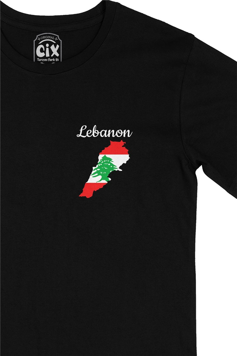 Lübnan Haritalı ve Bayraklı Cep Logo Tasarımlı Siyah Tişört