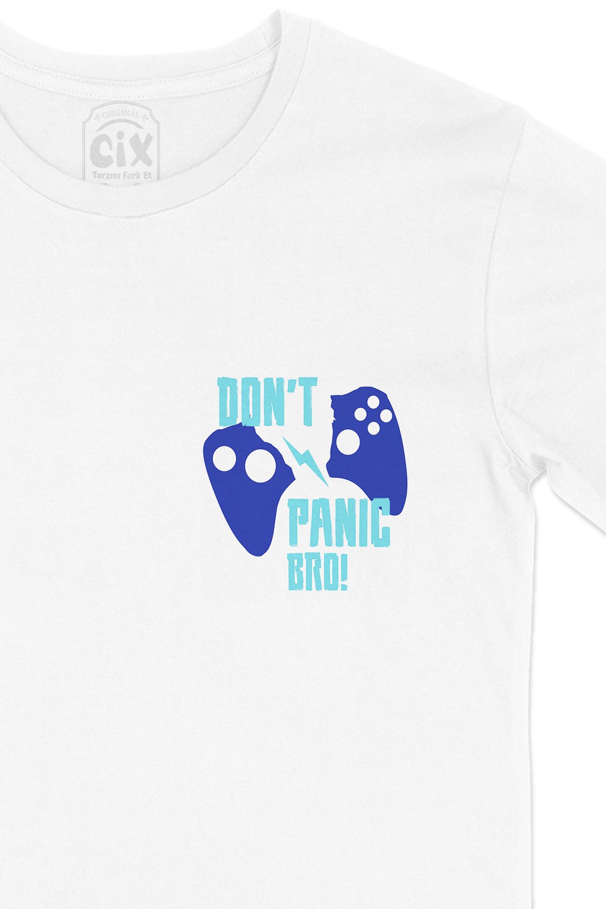 Mavi Don't Panic Bro Cep Logo Tasarımlı Beyaz Tişört