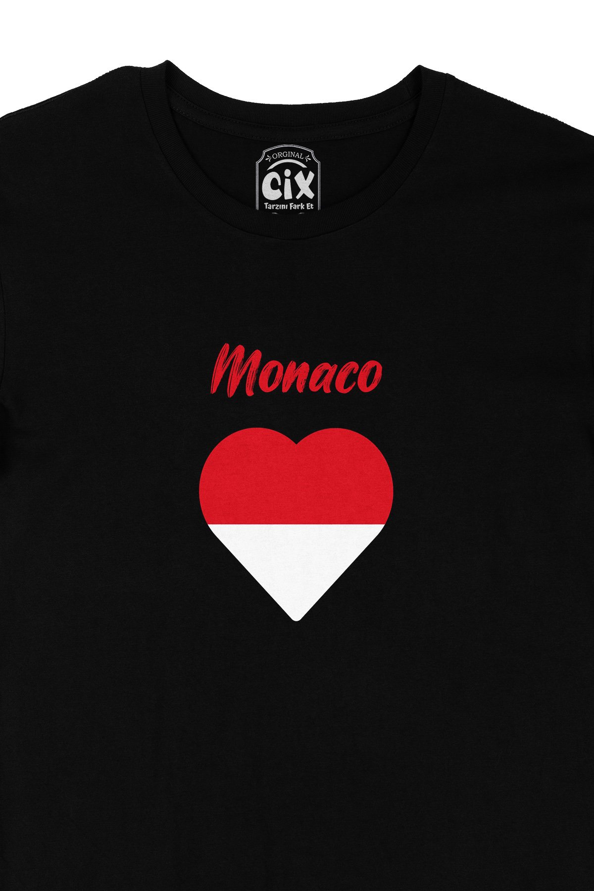 Monako Bayraklı Kalpli Siyah Tişört