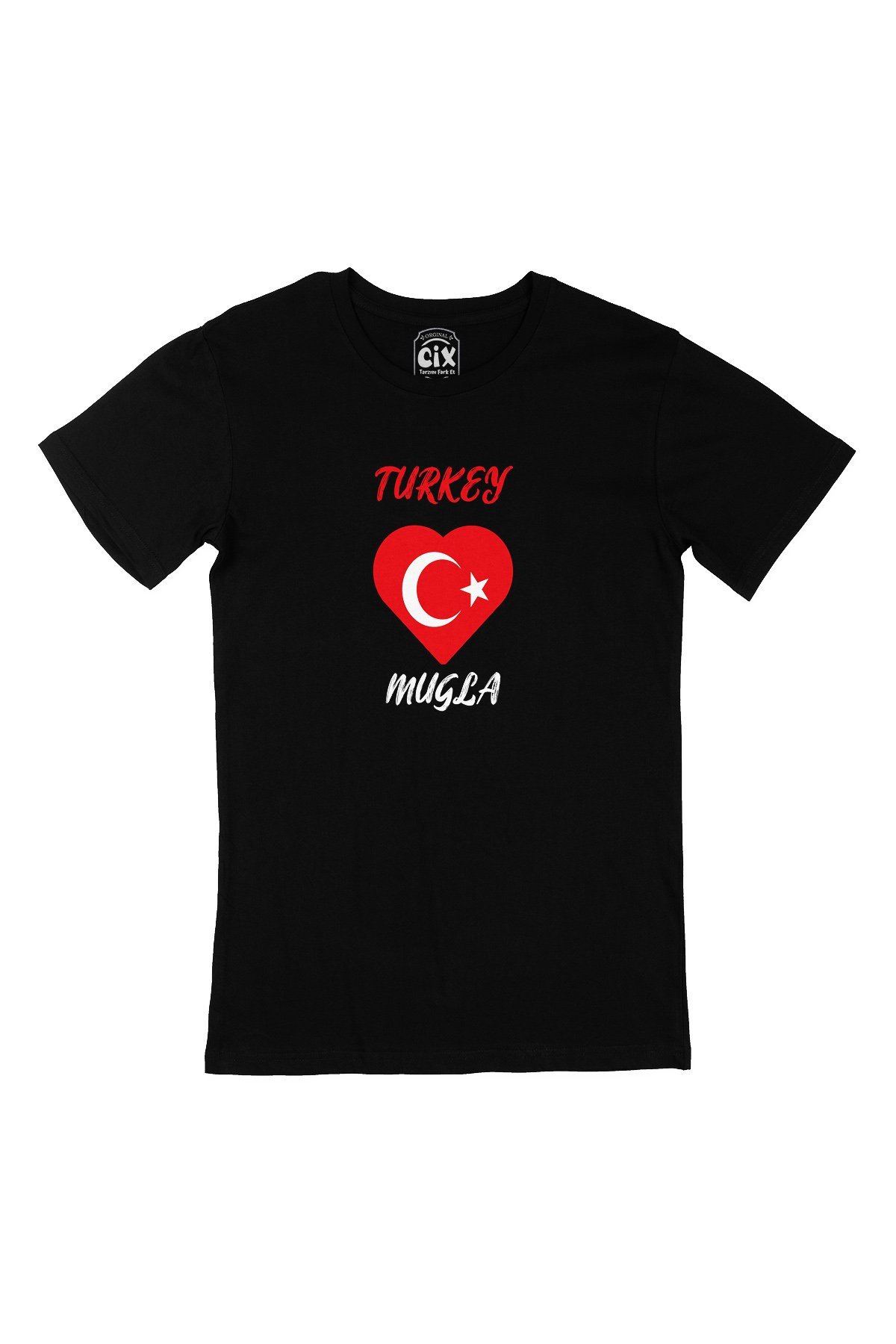Muğla Türkiye Bayraklı Kalpli Siyah Tişört