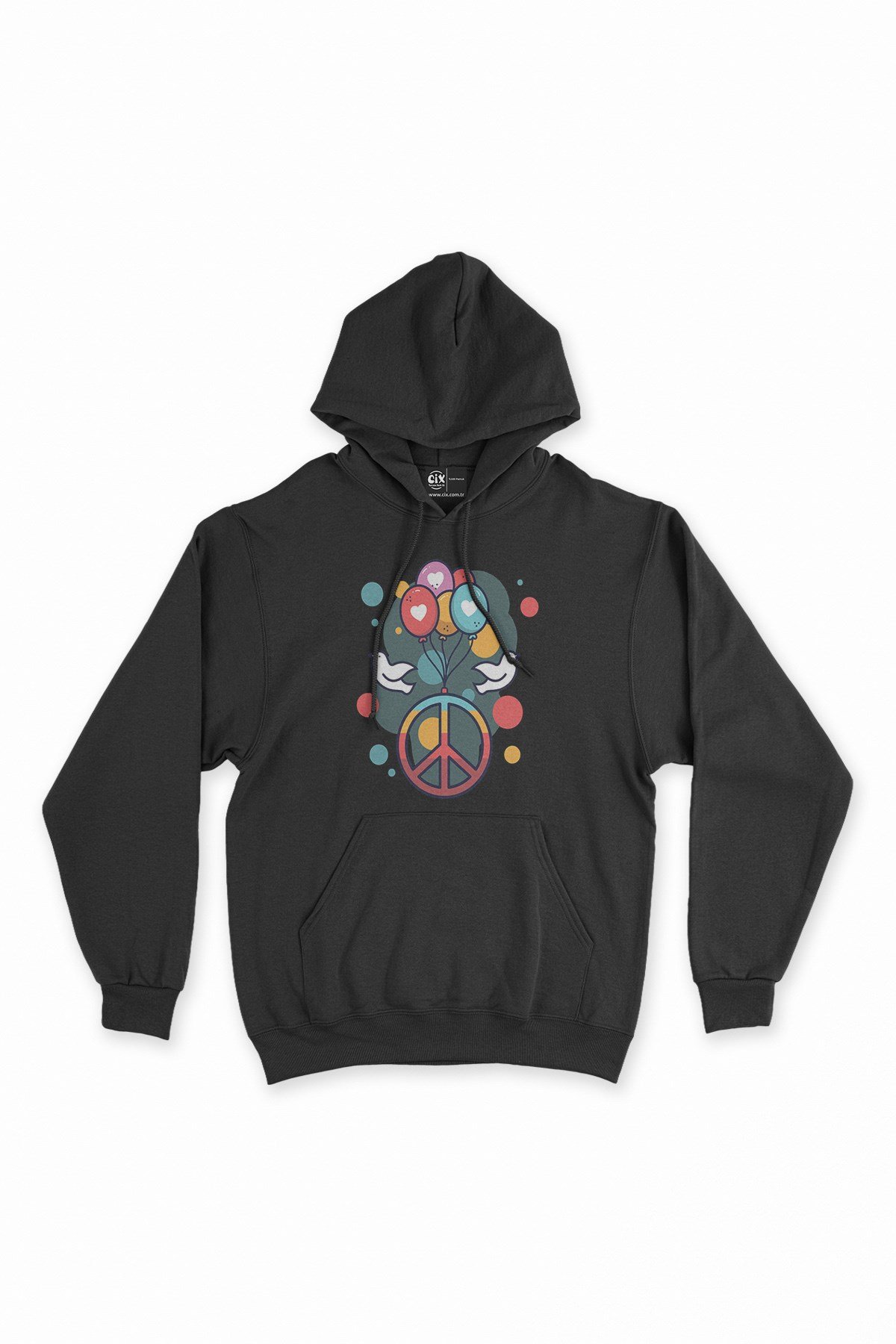 Peace And Love Siyah Kapşonlu Sweatshirt Hoodie