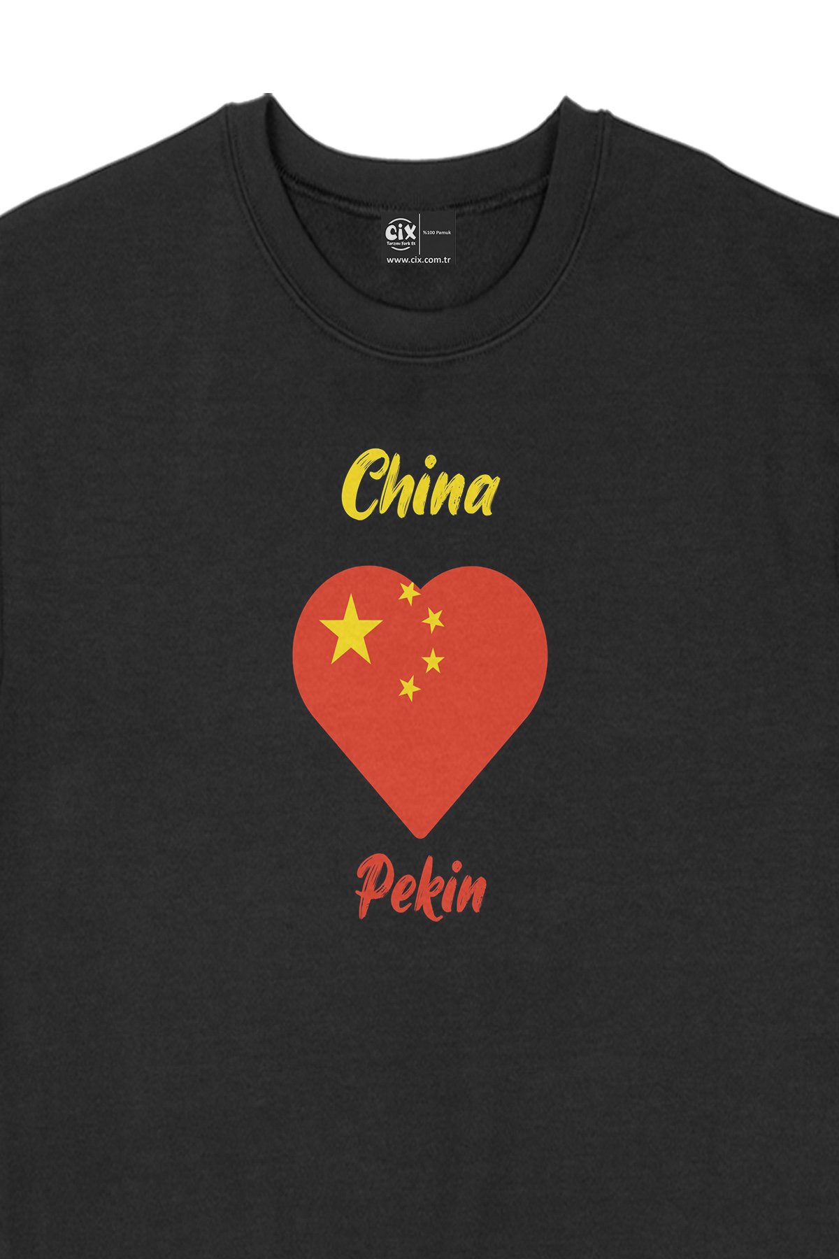 Pekin Çin Bayraklı Kalpli Siyah Sweatshirt