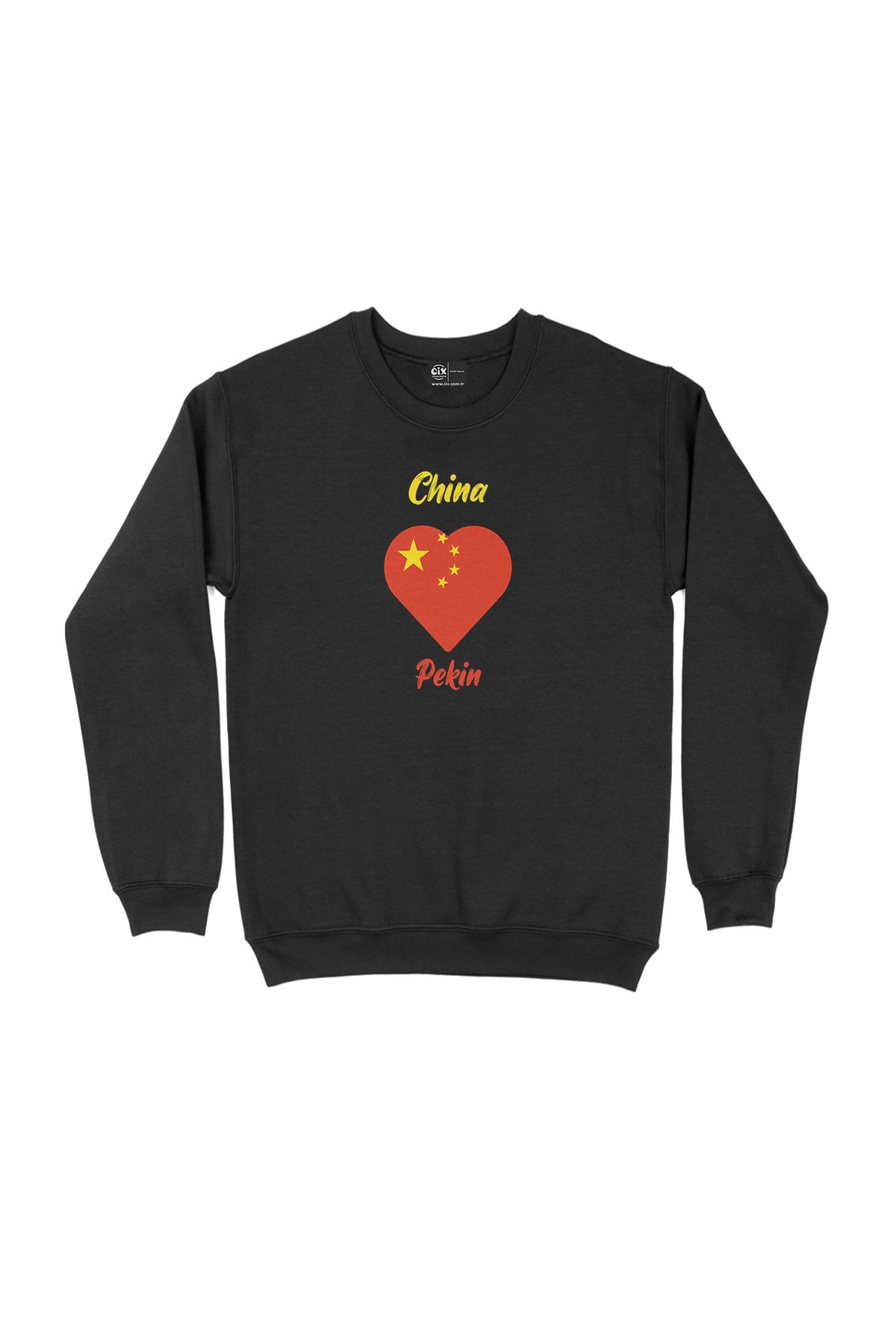 Pekin Çin Bayraklı Kalpli Siyah Sweatshirt