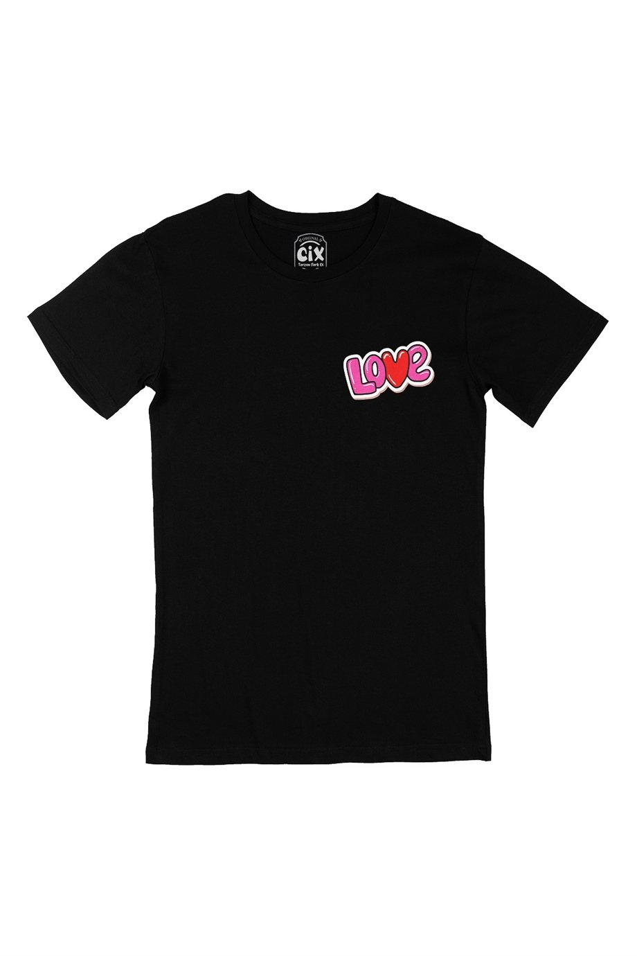 Pembe Aşk Cep Logo Tasarımlı Siyah Tişört