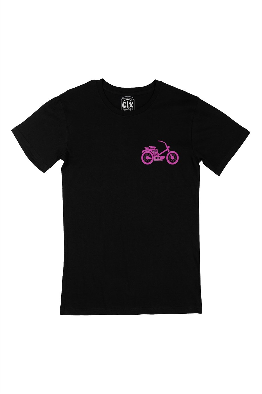 Pembe Bisiklet Cep Logo Tasarımlı Siyah Tişört
