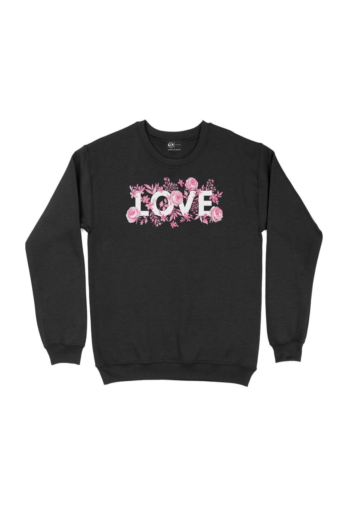 Pembe Güllü Aşk Siyah Sweatshirt