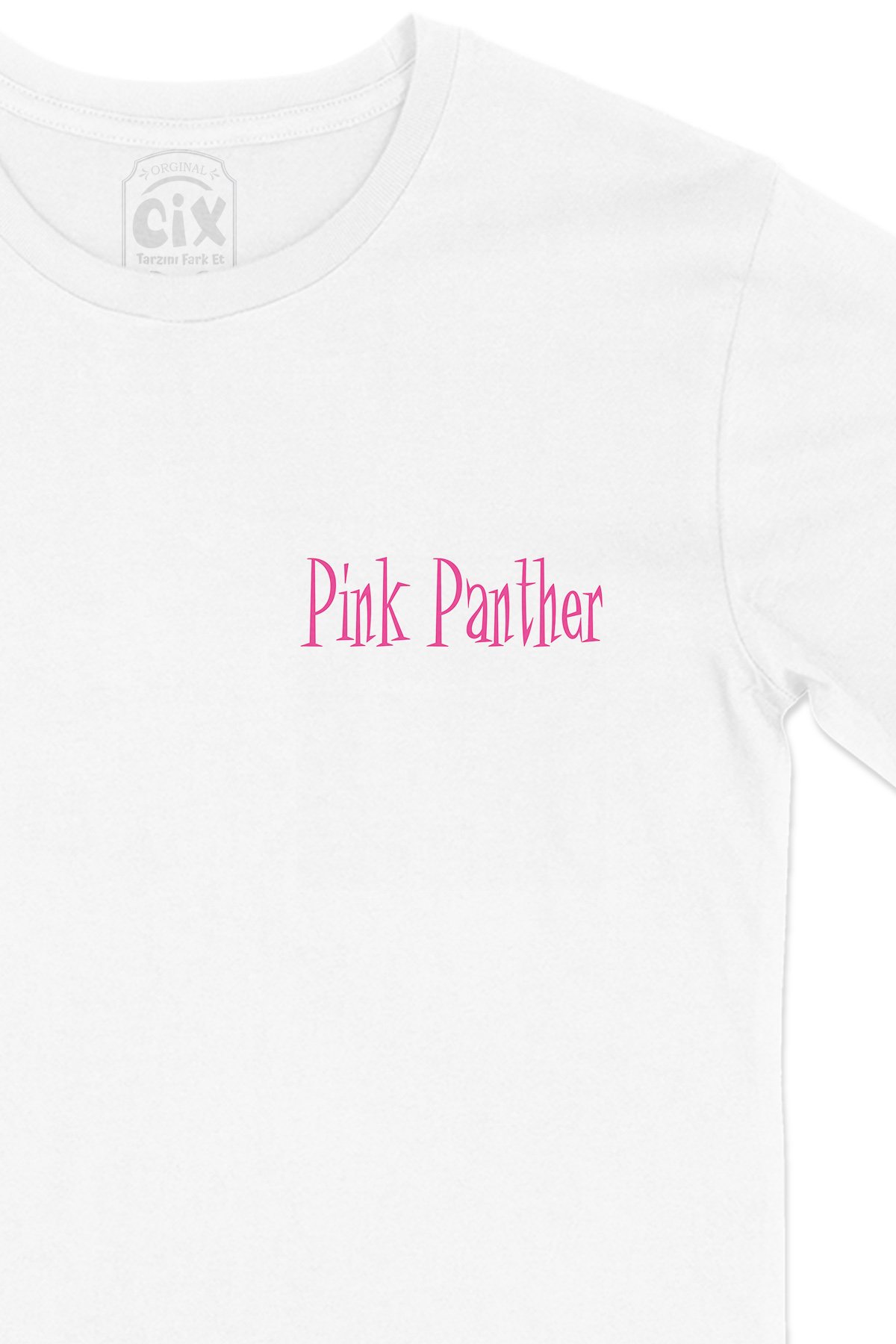 Pembe Panter Cep Logo Tasarımlı Beyaz Tişört