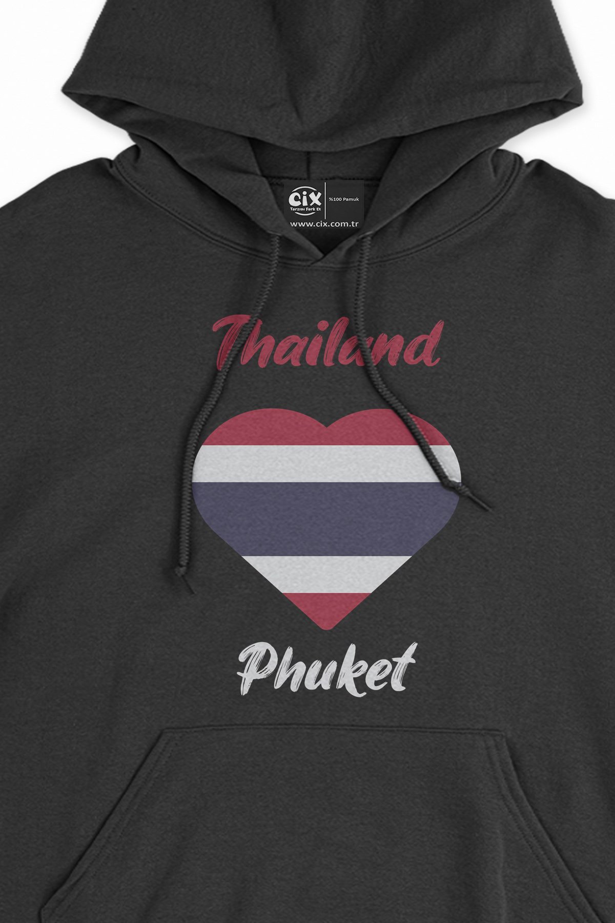 Phuket Tayland Bayraklı Kalpli Siyah Sweatshirt Hoodie
