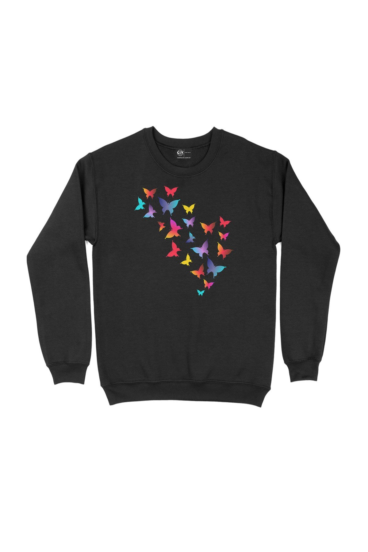 Renkli Kelebekler Siyah Sweatshirt