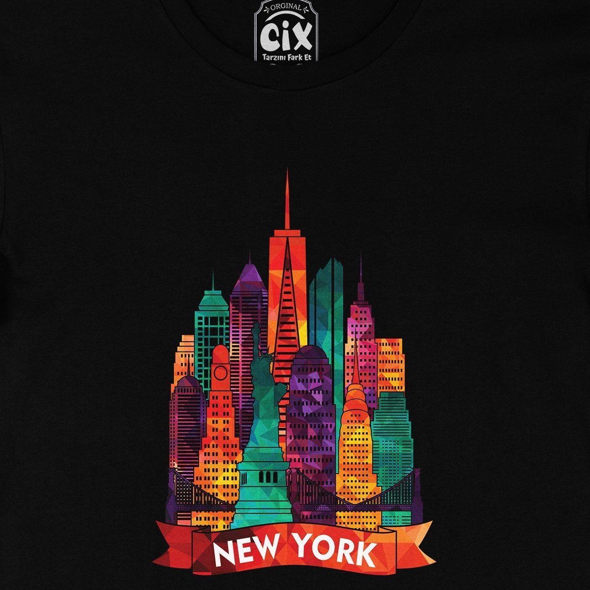 Renkli New York İllüstrasyon Siyah Tişört
