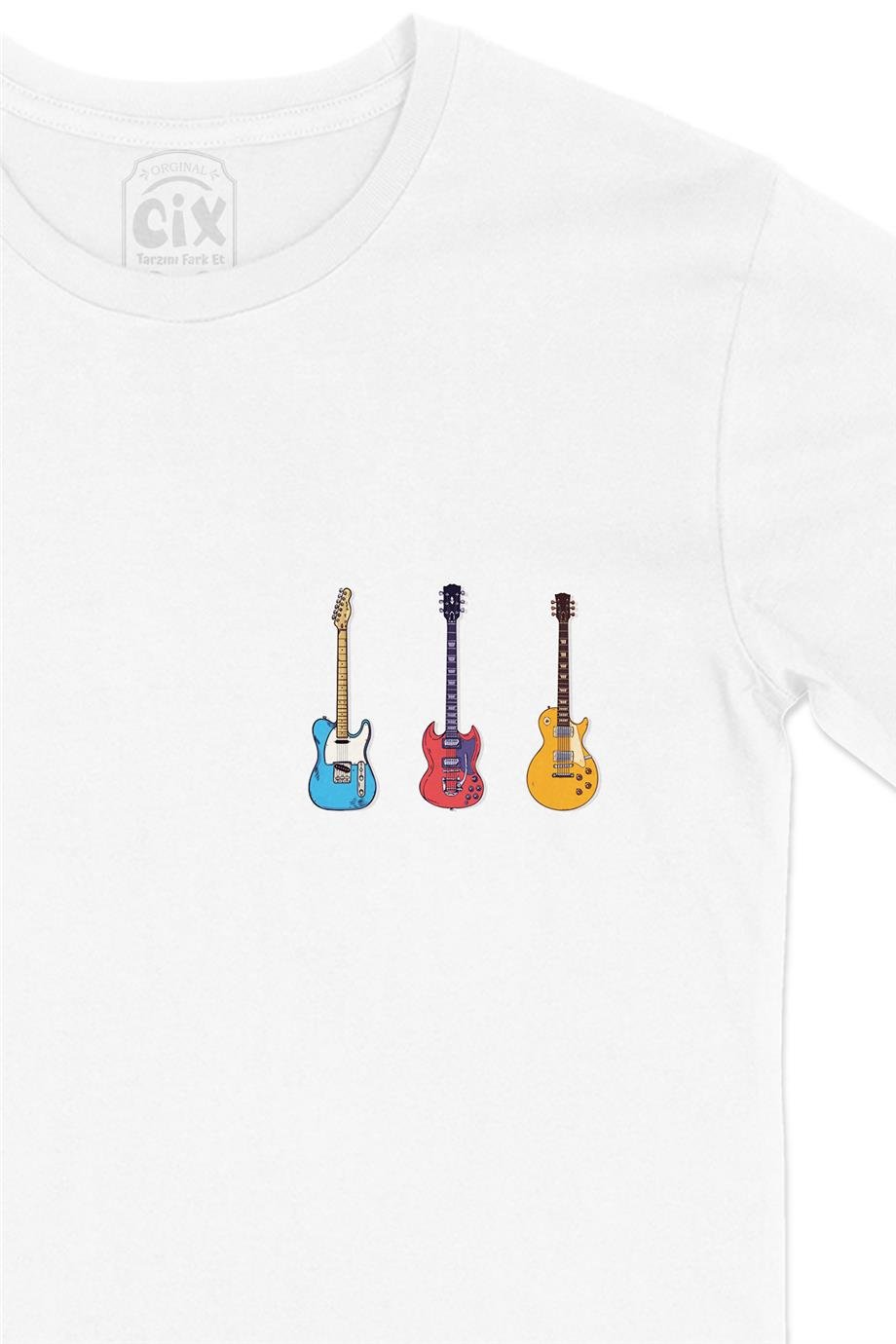 Rock Gitar Tasarımlı Cep Tasarım Baskılı Beyaz Tişört