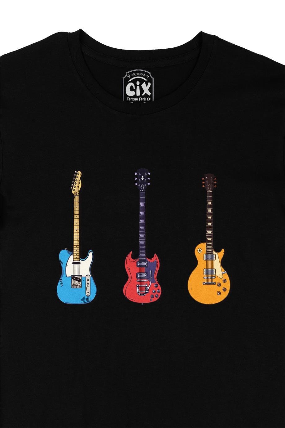 Rock Gitar Tasarımlı Siyah Tişört
