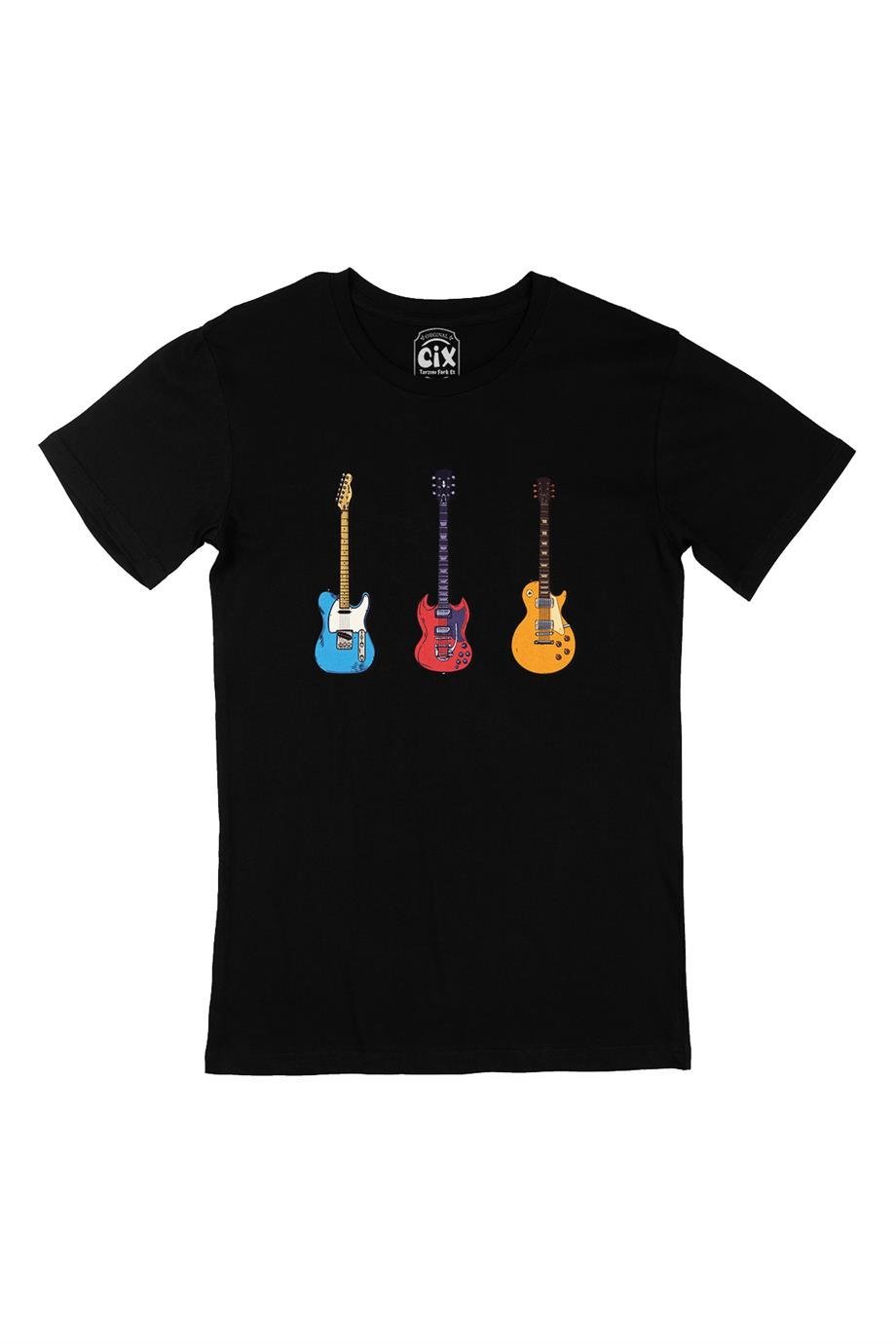 Rock Gitar Tasarımlı Siyah Tişört