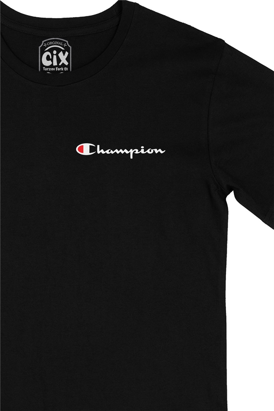 Şampiyon Yazılı Cep Logo Tasarımlı Siyah Tişört