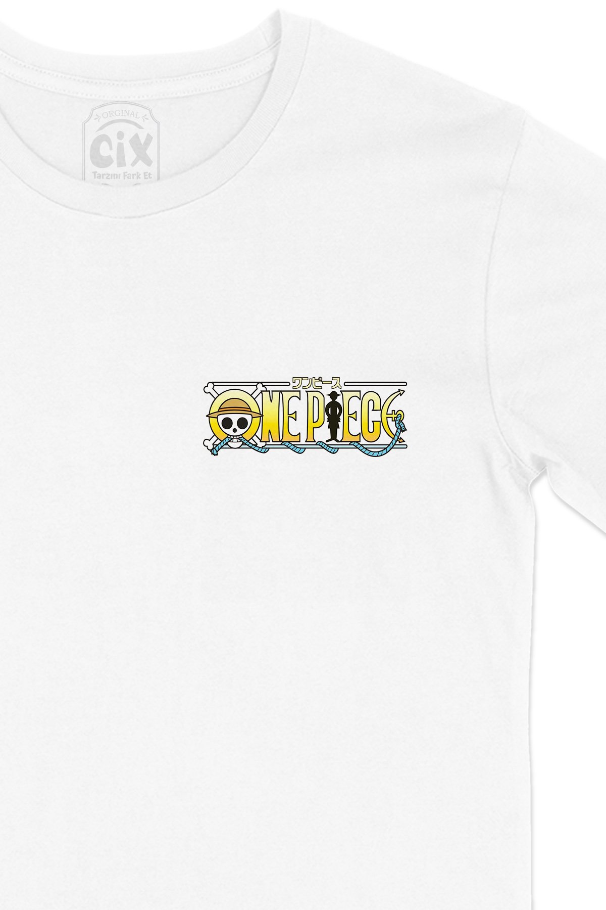 Sarı One Piece Cep Logo Tasarımlı Beyaz Tişört