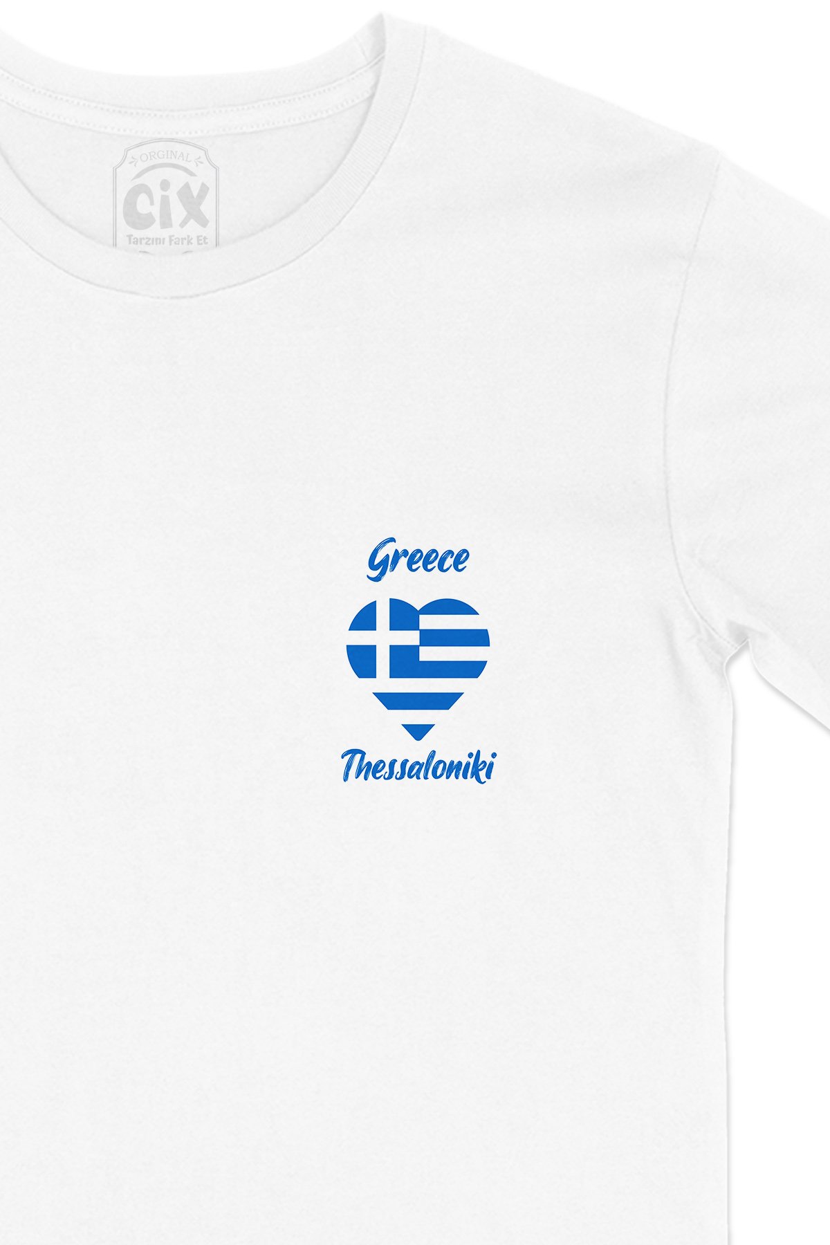 Selanik Yunanistan Bayraklı Kalpli Cep Logo Tasarımlı Beyaz Tişört