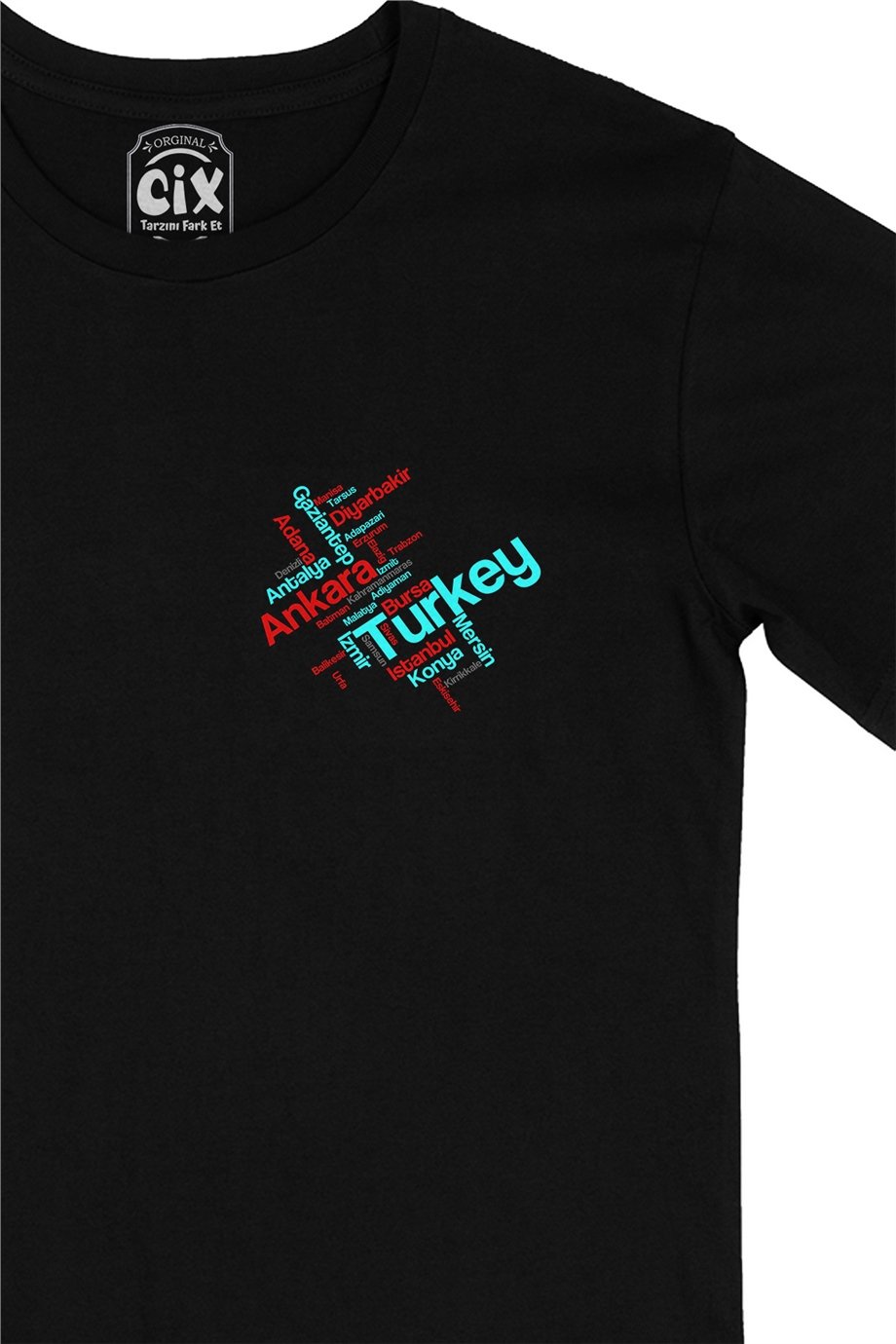 Türkiye Şehirleri Cep Logo Tasarımlı Siyah Tişört