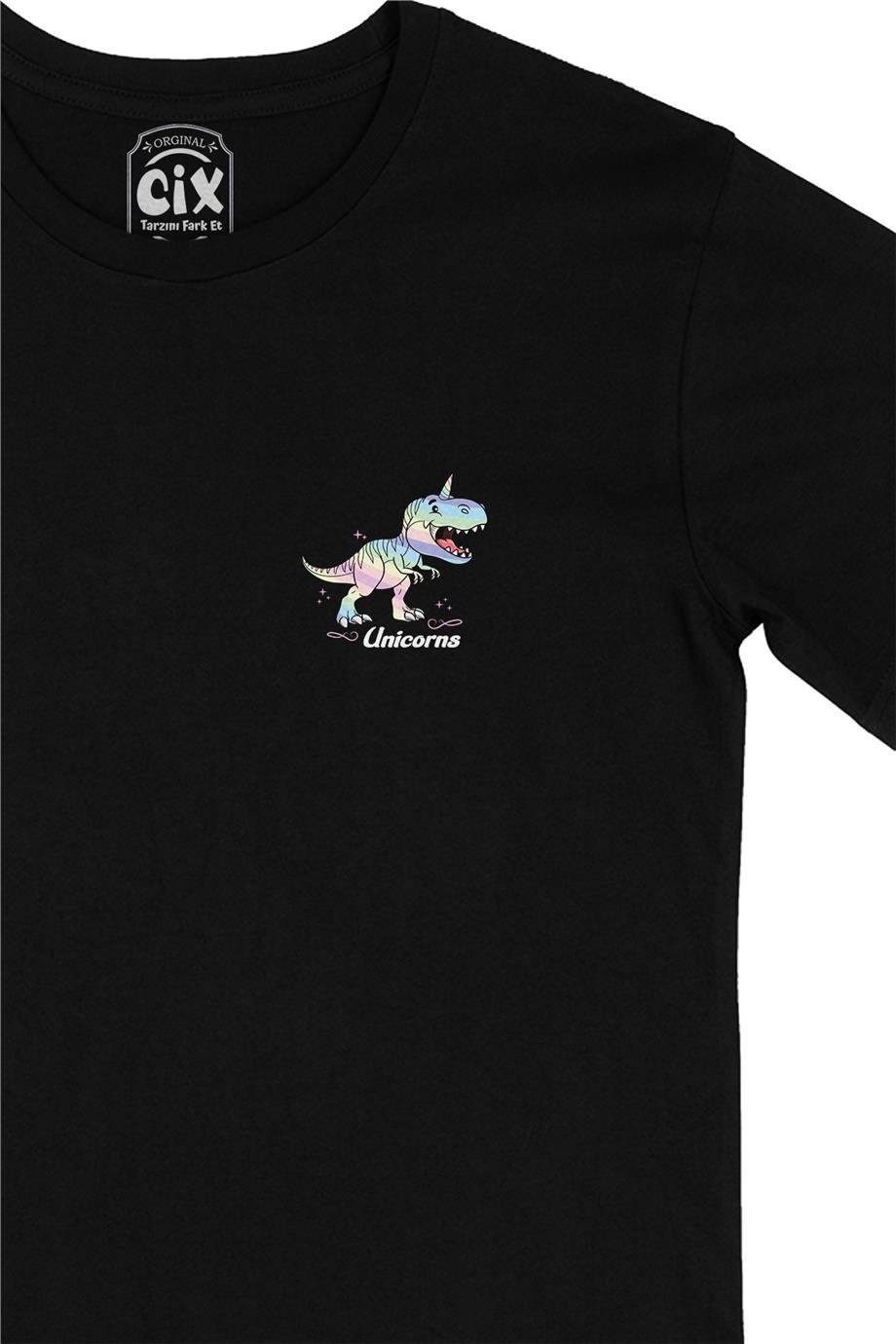 Unicorn Dinozor Cep Tasarım Baskılı Siyah Tişört