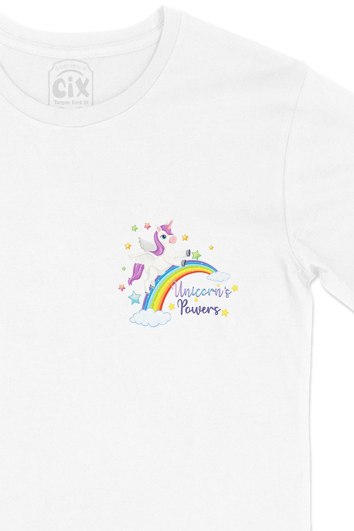 Unicorn Power Cep Logo Tasarımlı Beyaz Tişört