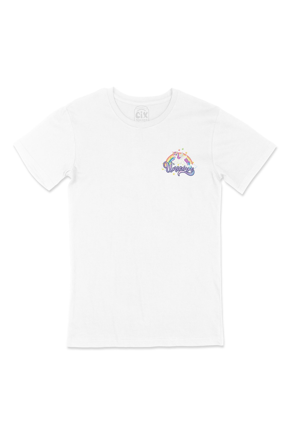 Unicorn Tasarımlı Cep Logo Tasarımlı Beyaz Tişört