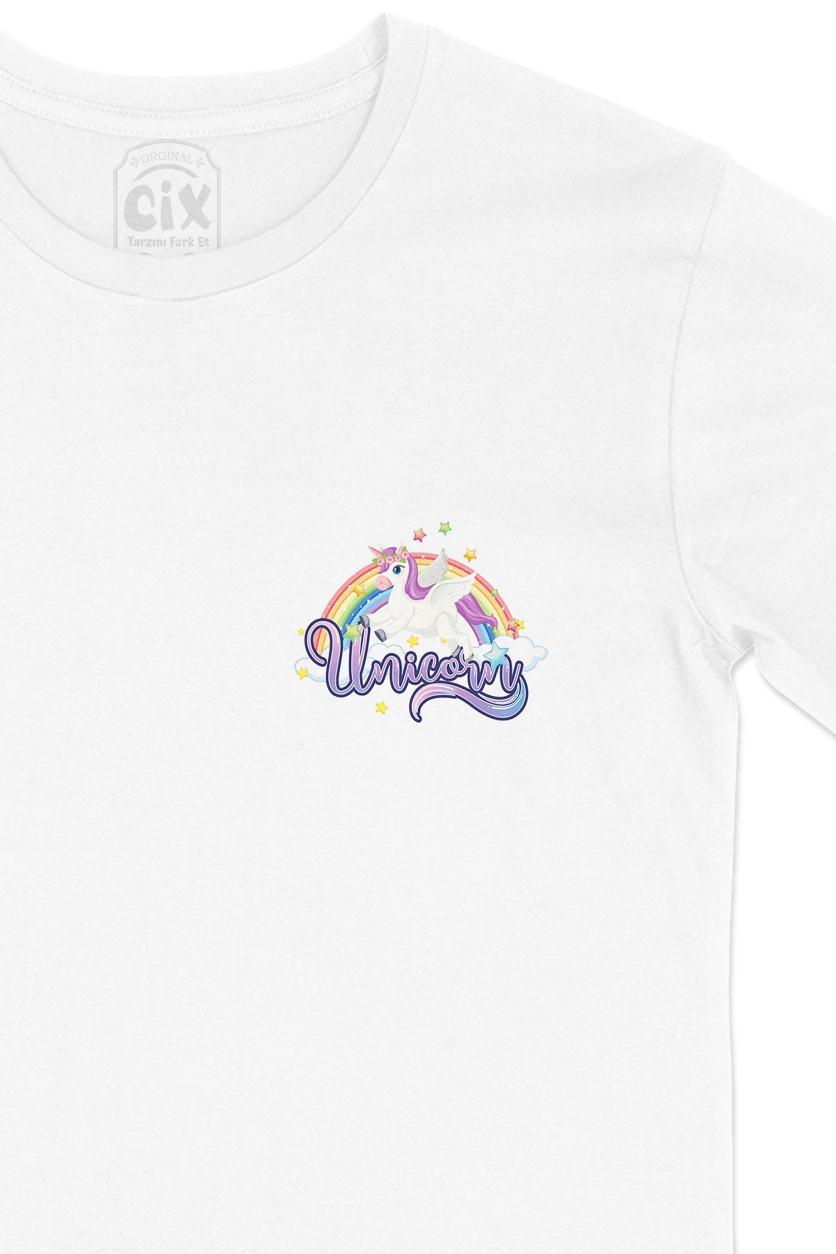 Unicorn Tasarımlı Cep Logo Tasarımlı Beyaz Tişört