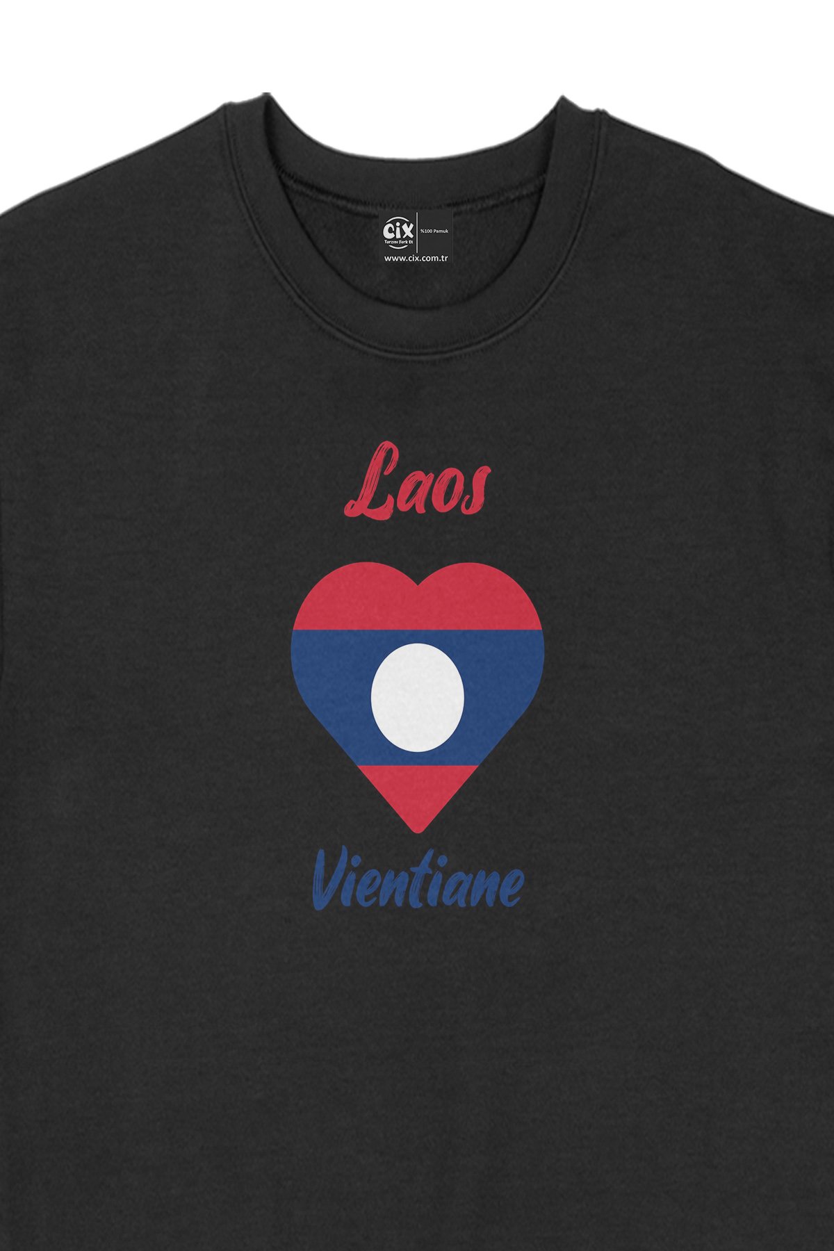 Vientiane Laos Bayraklı Kalpli Siyah Sweatshirt