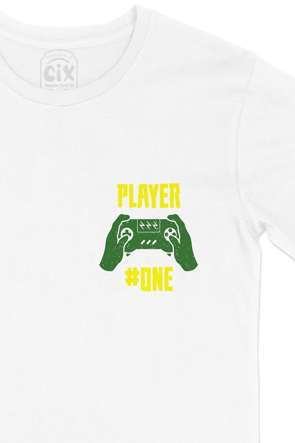 Yeşil Player One  Cep Logo Tasarımlı Beyaz Tişört