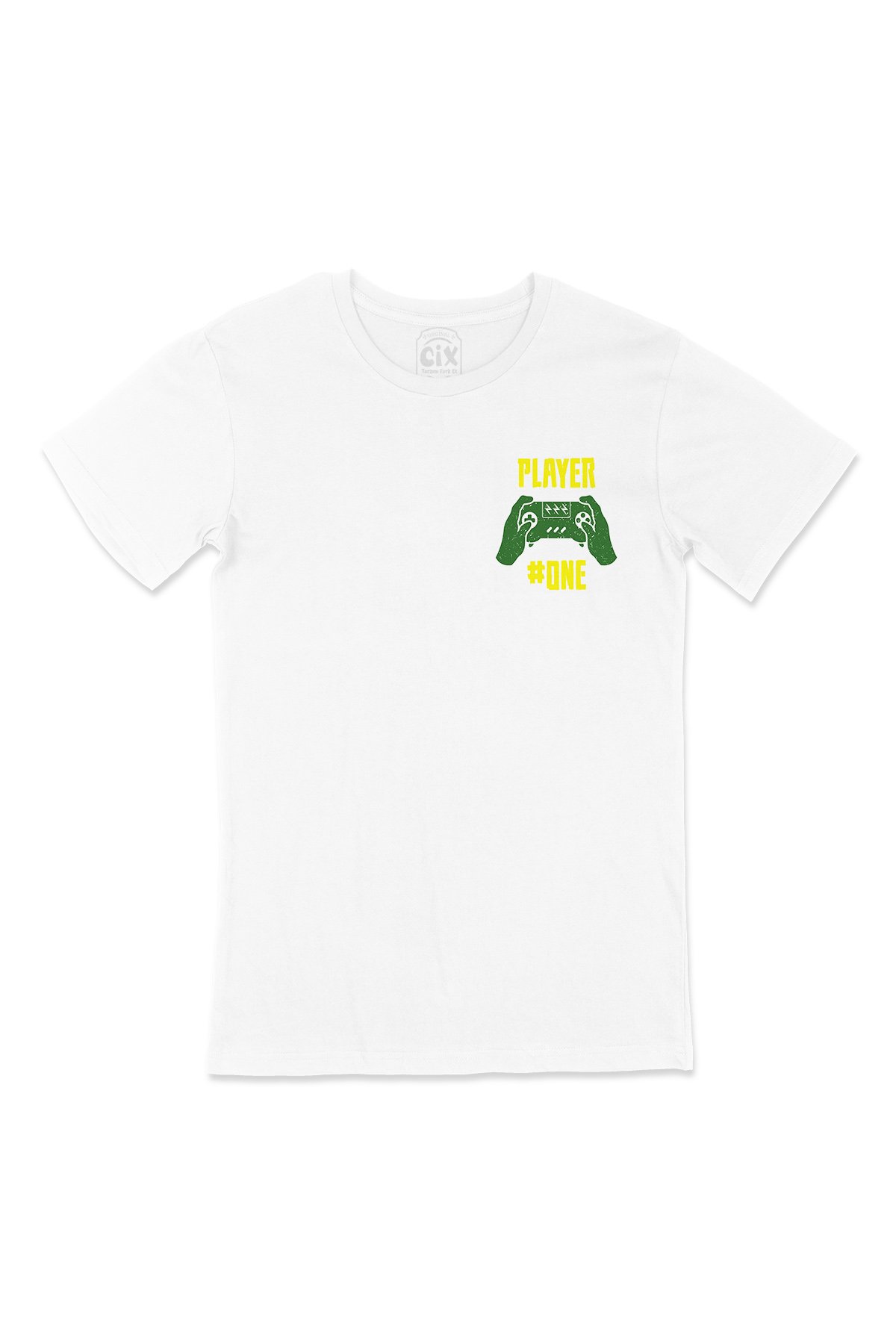 Yeşil Player One  Cep Logo Tasarımlı Beyaz Tişört