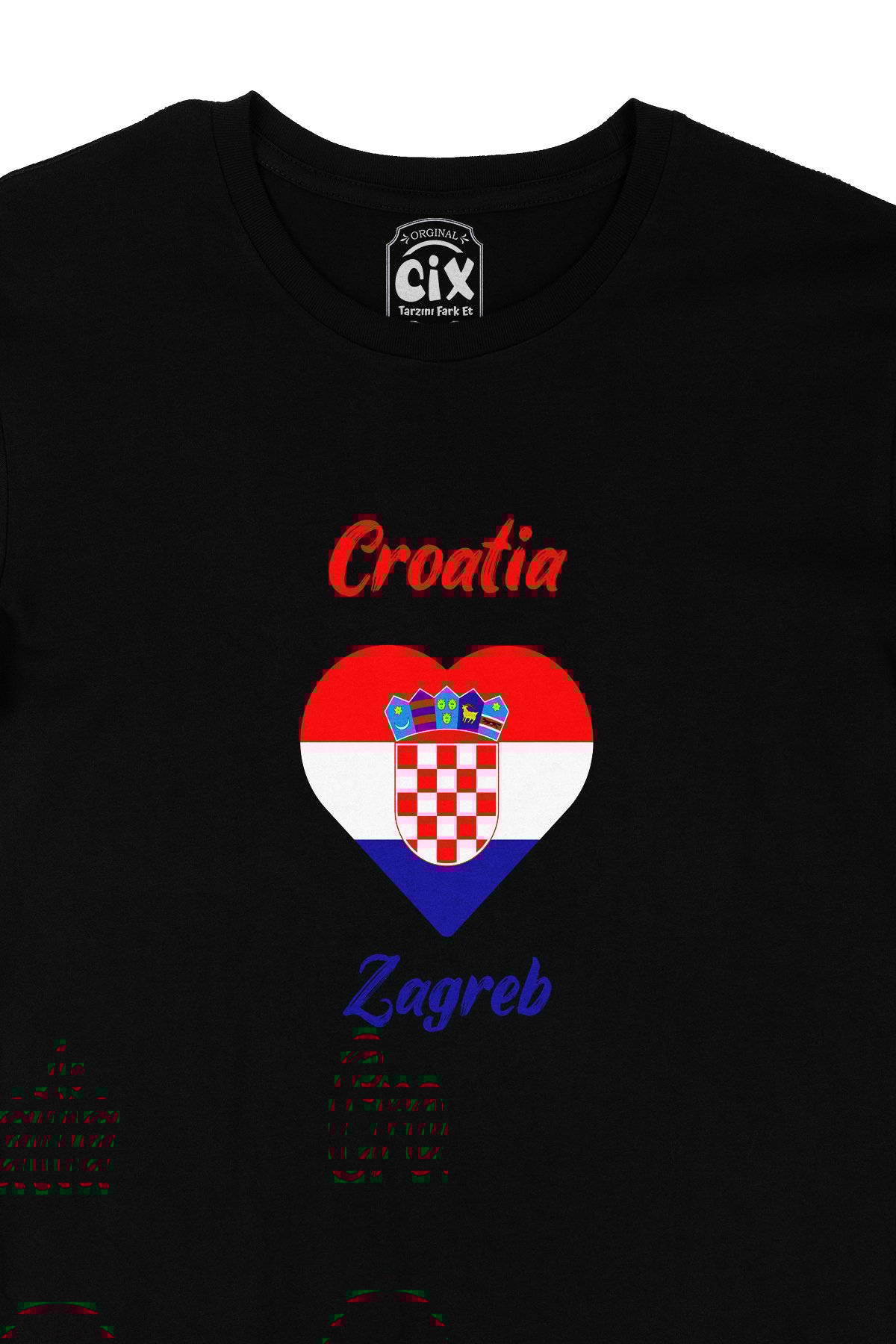 Zagreb Hırvatistan Bayraklı Kalpli Siyah Tişört
