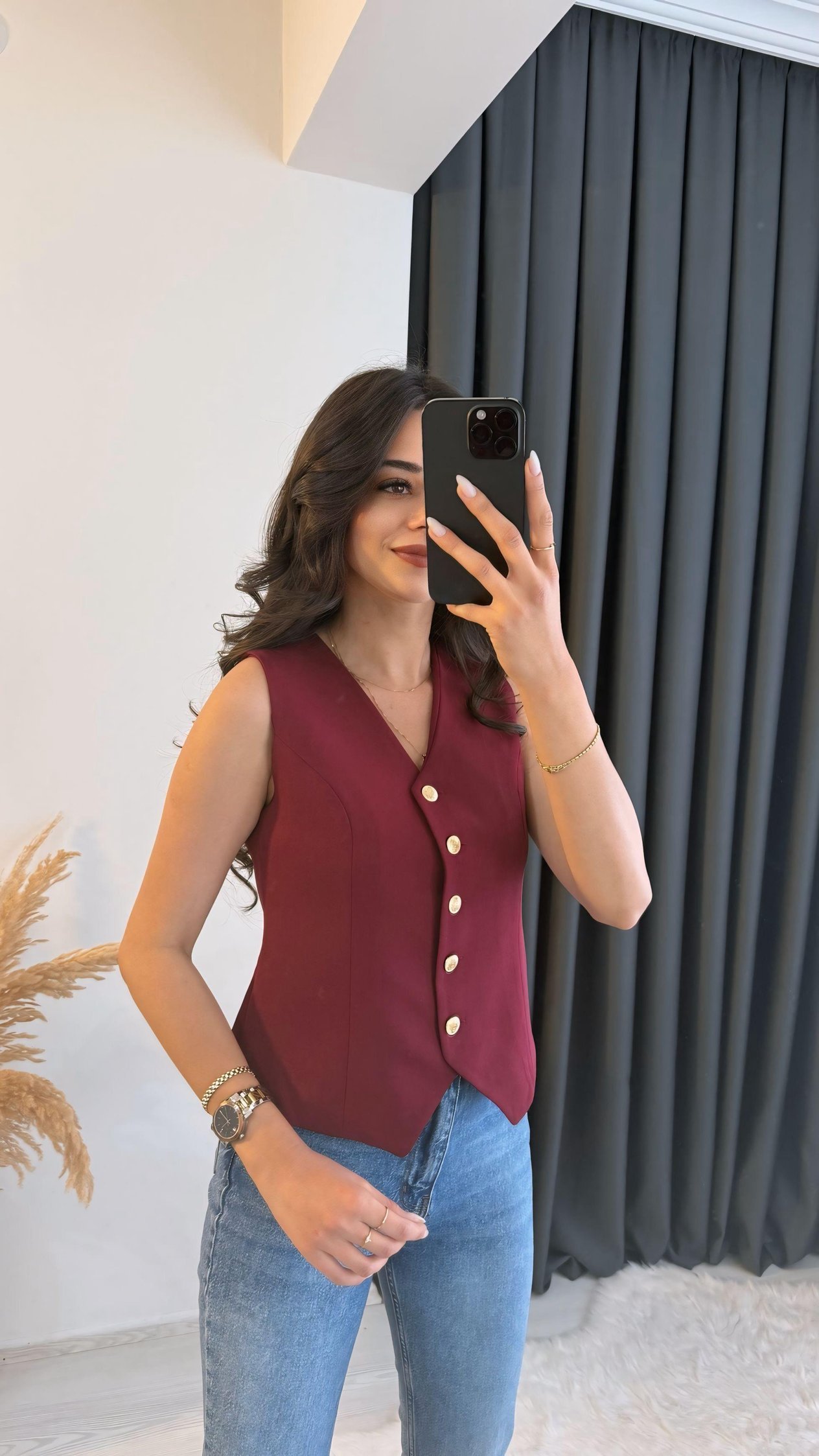 Balena Premium Seri Gold Düğmeli Yelek Bordo