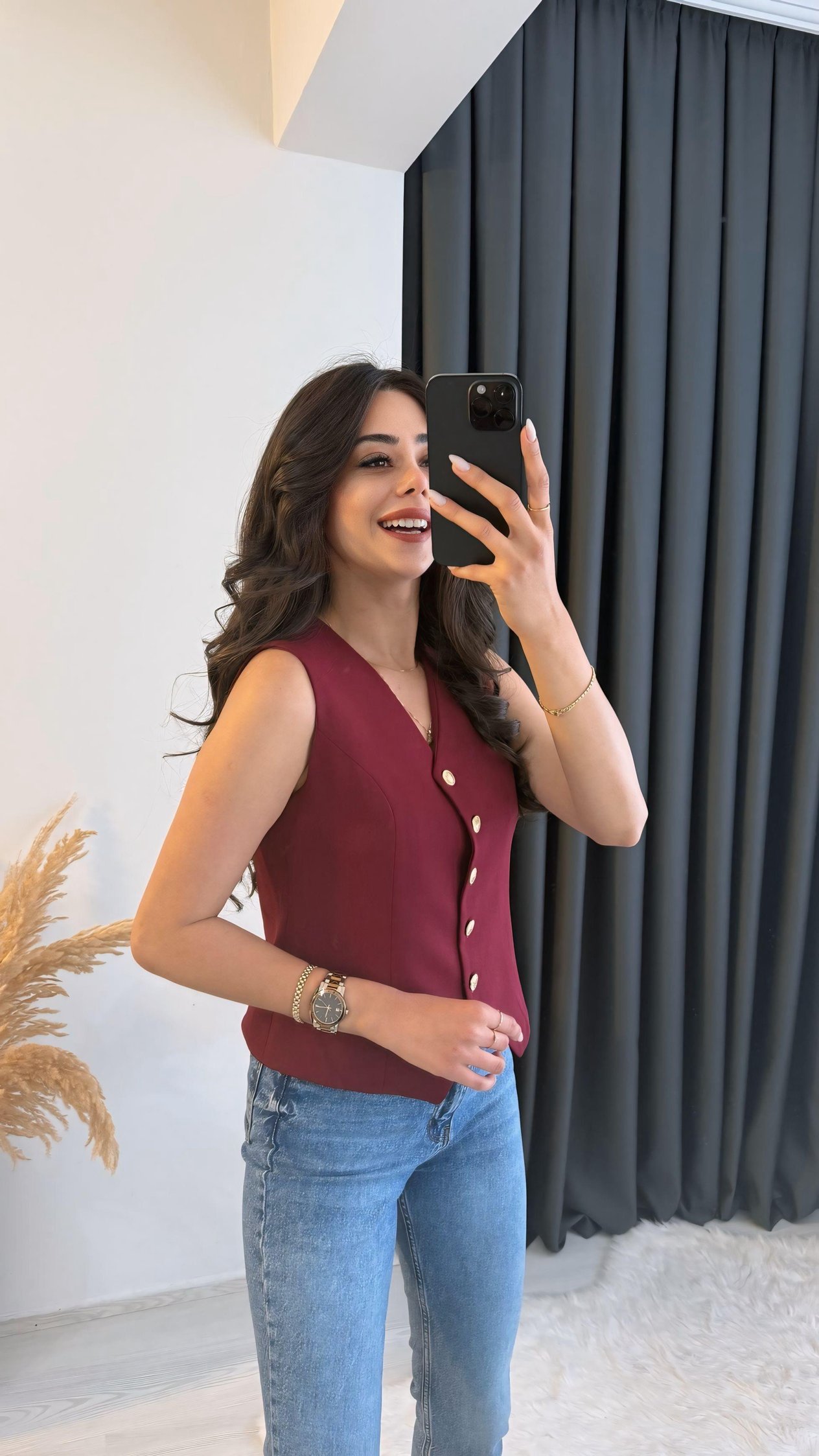 Balena Premium Seri Gold Düğmeli Yelek Bordo