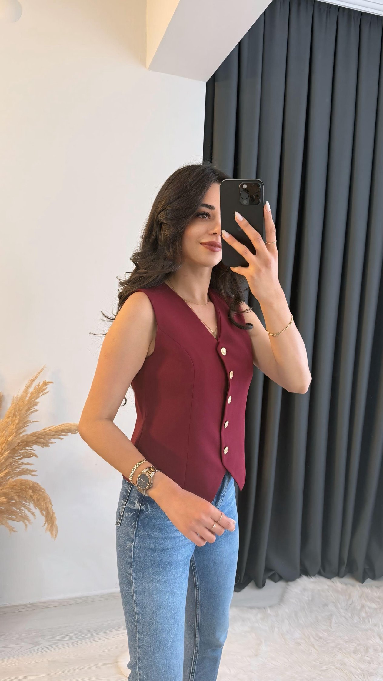 Balena Premium Seri Gold Düğmeli Yelek Bordo